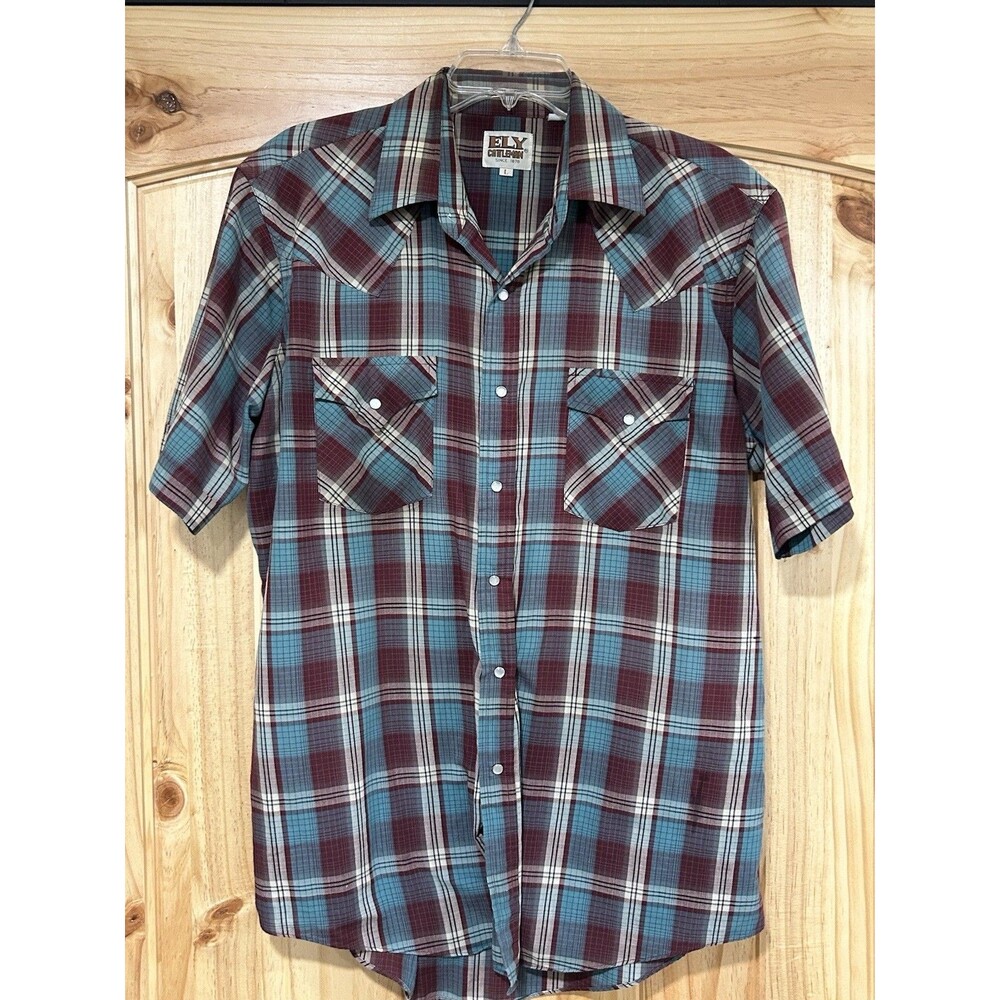 Ely Cattleman Western Shirt Sleeve Shirt Red Blue Plaid Pearl Snaps Size L